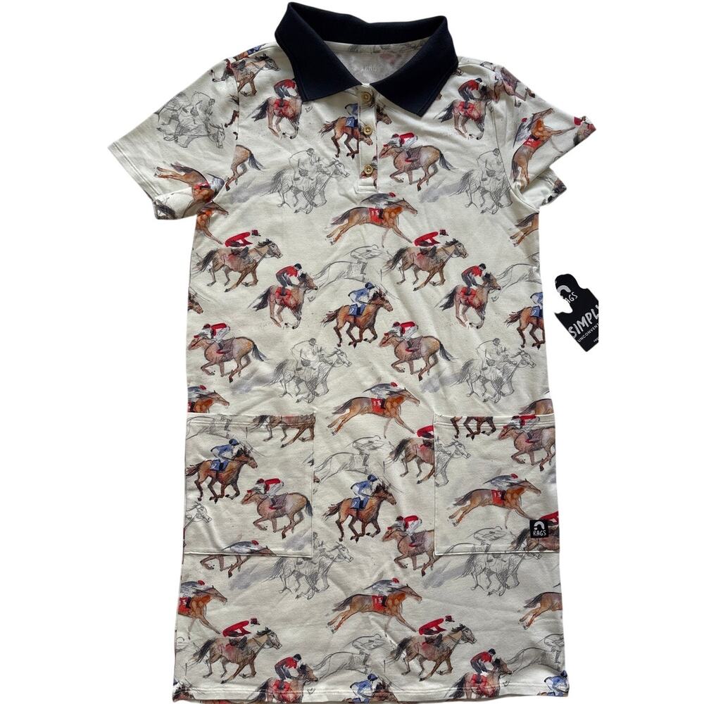 RAGS Horse Racing Equestrian Polo Dress Short Sleeve Cream Black Size 9/10Y NWT